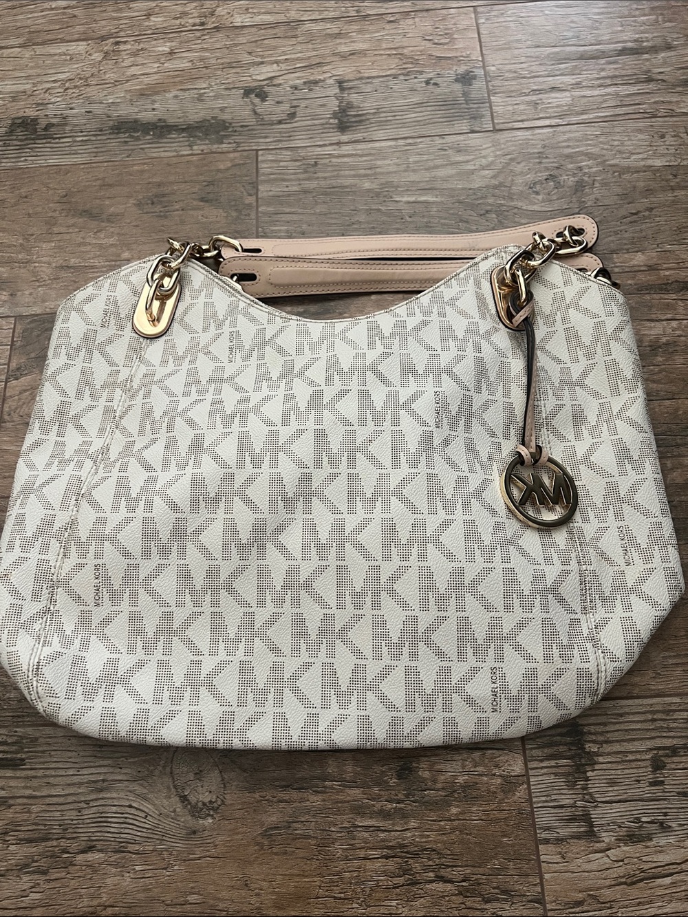 Michael Kors Cream Logo Shoulder Bag with Blush Accents